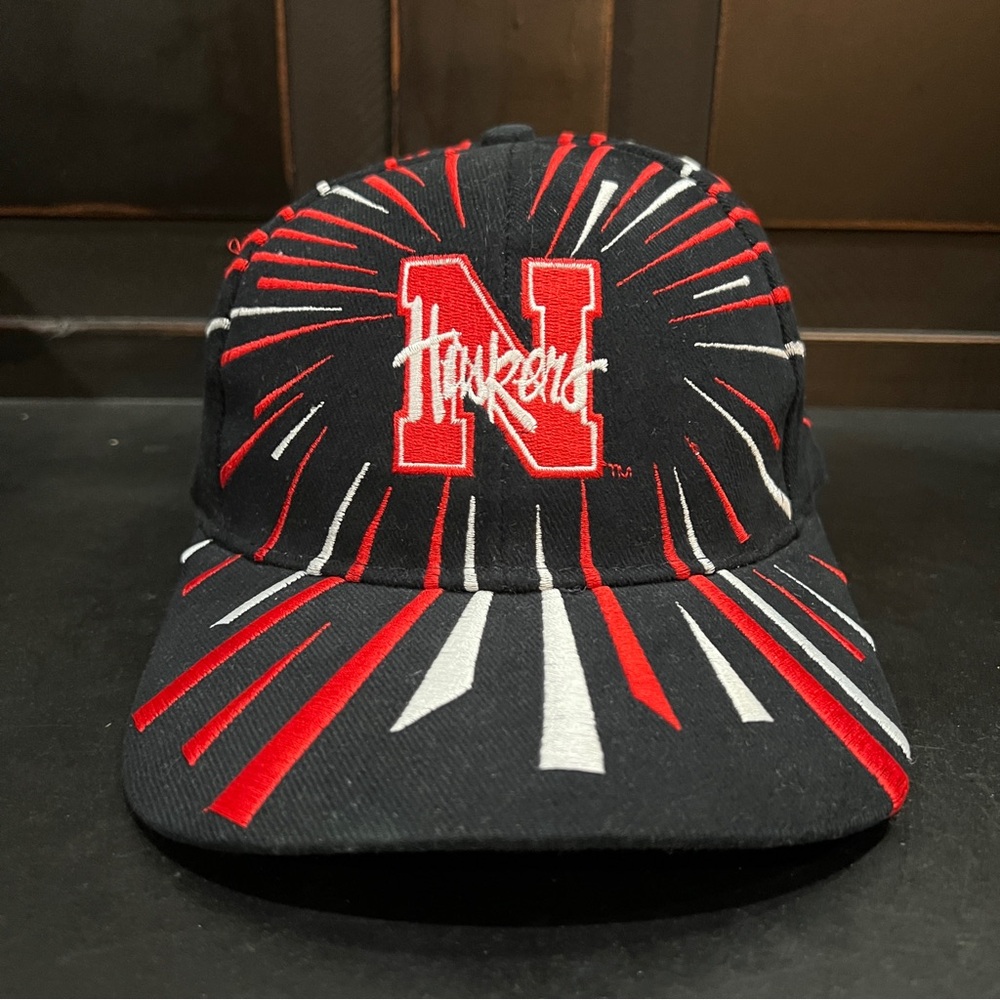 Vintage 90s Nebraska Licensed Shatter Snapback Hat Cap Black Red White OSFA